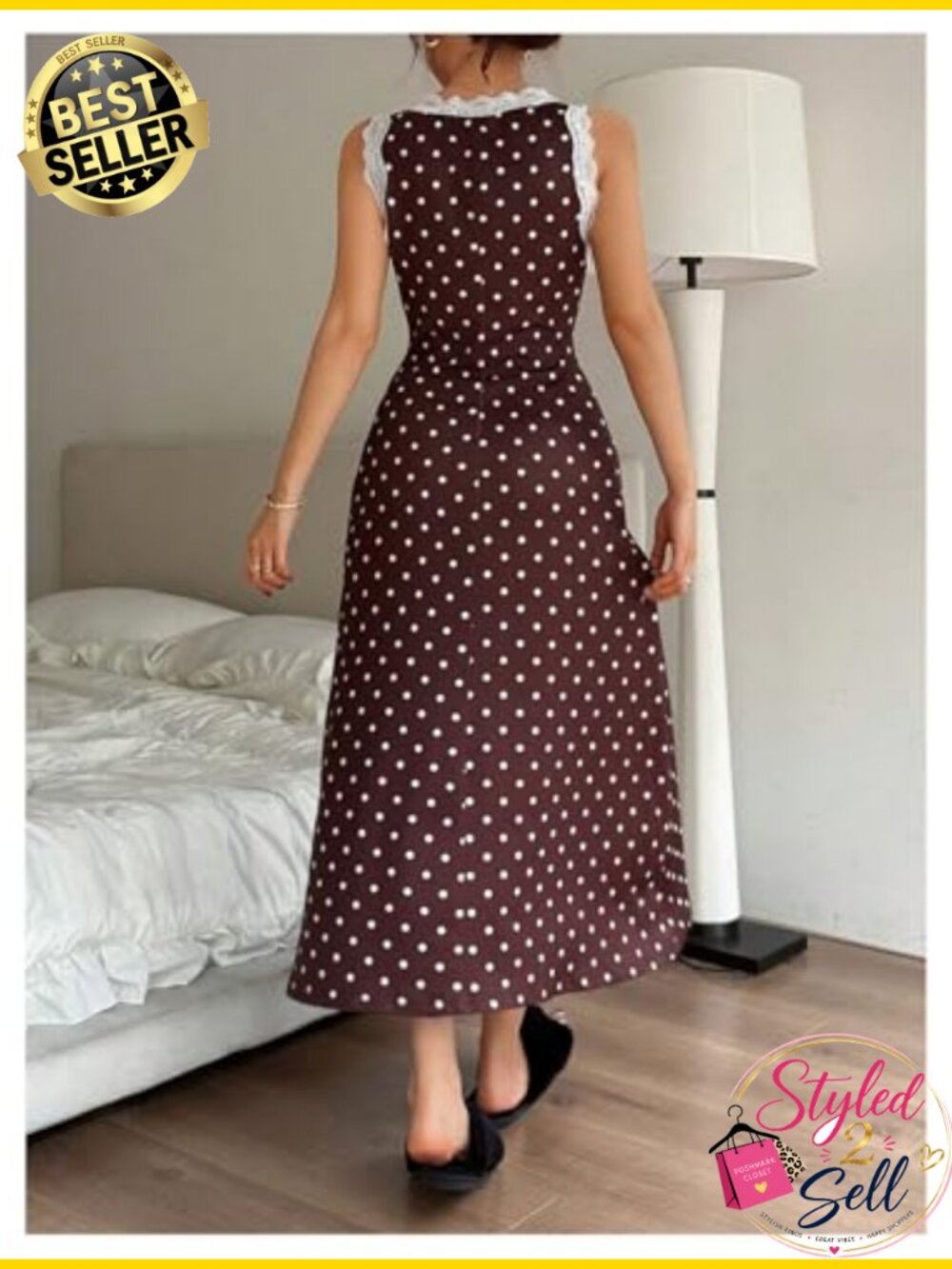 Lace Trim Polka Dot Nightgown Tie Front Sleep Dress Sleeveless - Picture 2 of 5